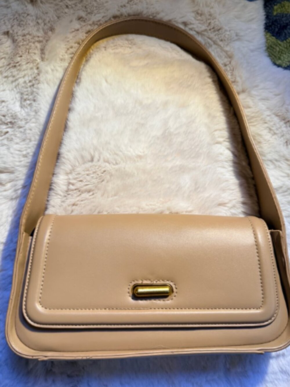 Rachel Zoe Tan Smooth Leather Baguette Purse Gold Clasp Turn-Lock Flap NWOT